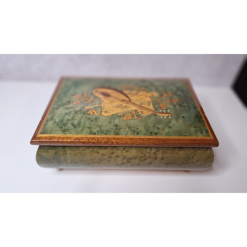 Wood Jewelry Music Box with Inlaid Mandolin Design, Italian Craftsmanship - Picture 4 of 7